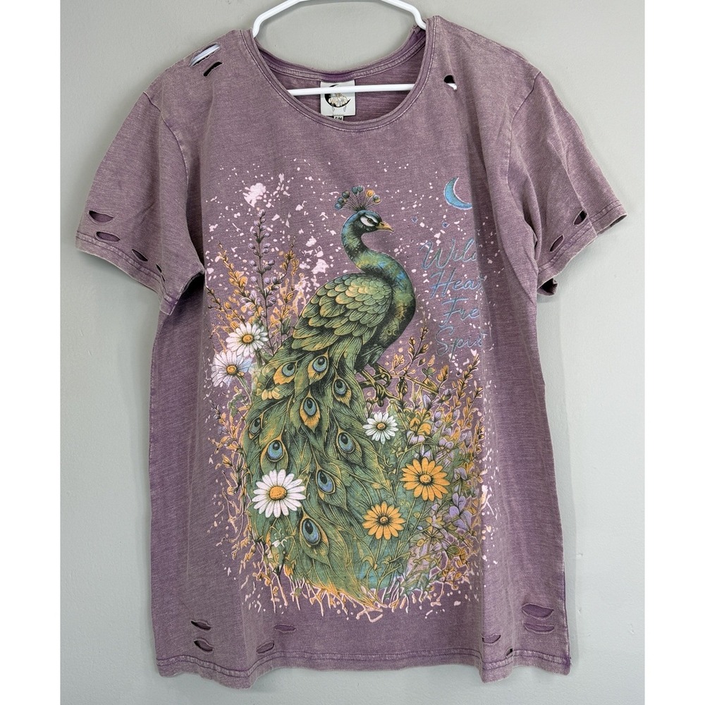 Jaded Gypsy Soft Journey Tee Royal Feathers Women's S/M Graphic Distressed NWT